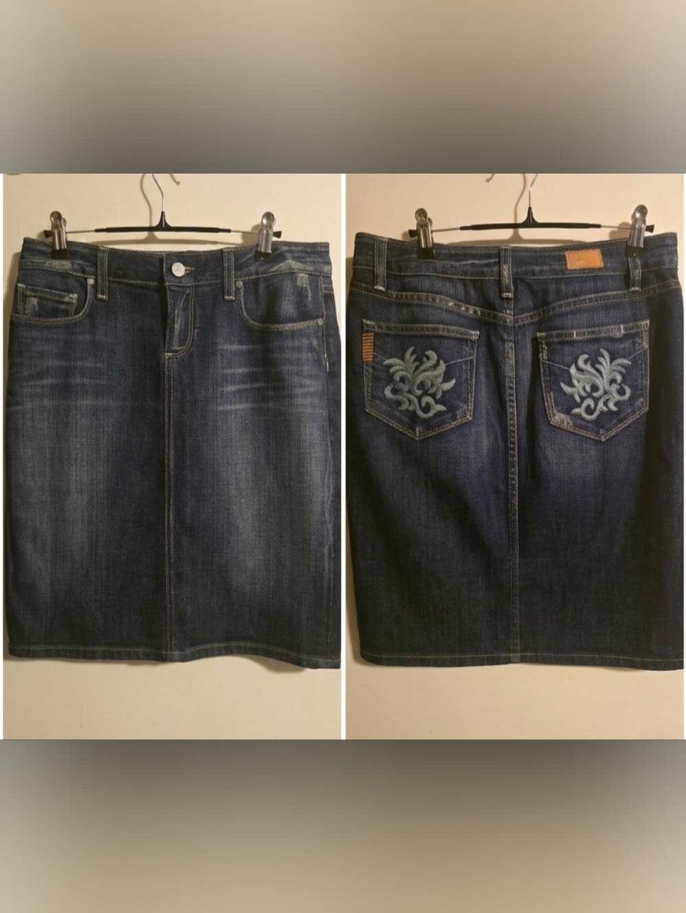 PAIGE Dark Blue Embroidered Denim Pencil Skirt
